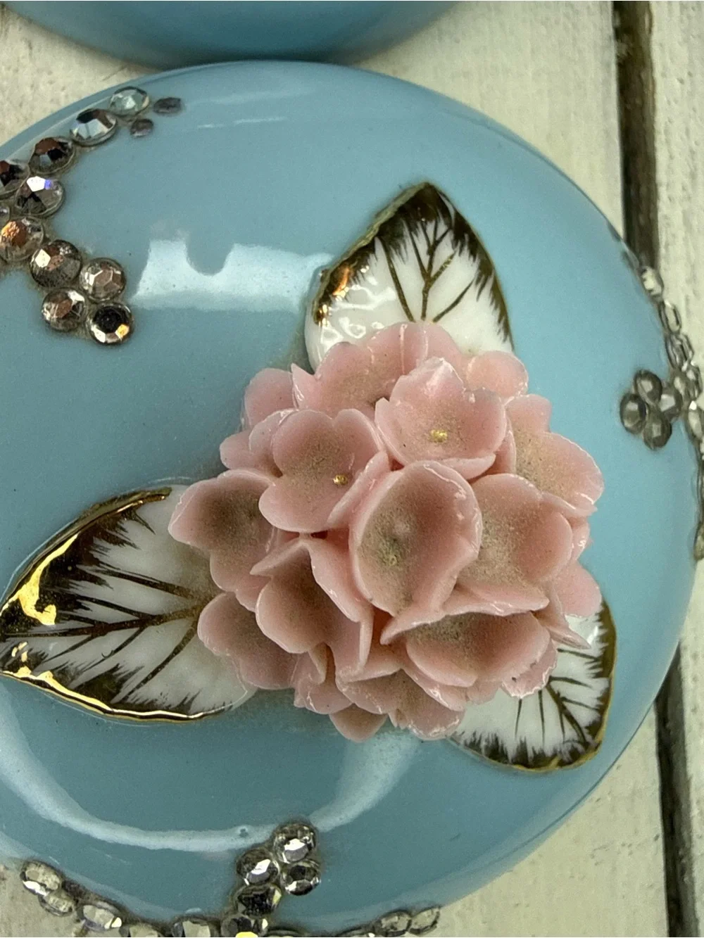 RARE VTG Lefton Blue Porcelain, Pink Floral Spray, Gold Tips & Rhinestone Accent